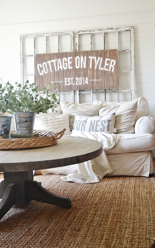 Neutral cozy cottage living room decor - Thrifty decorating. & I think everyone should name their house! 