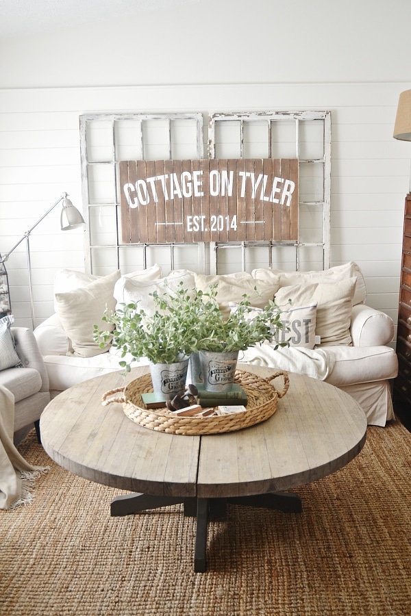 Neutral cozy cottage living room decor - Thrifty decorating. & I think everyone should name their house! 