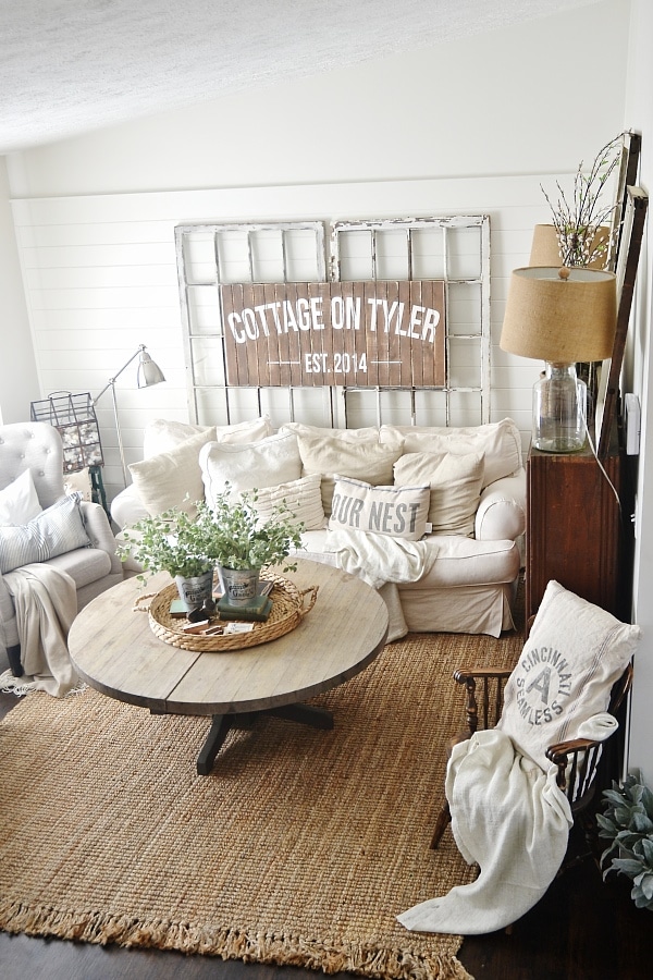 Neutral cozy cottage living room decor - Thrifty decorating. & I think everyone should name their house! 