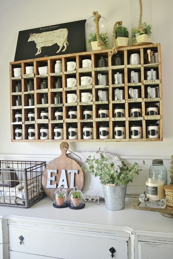 Cottage style farmhouse dining room - Dining room cubbies for coffee mugs/spice rack/ & more! 