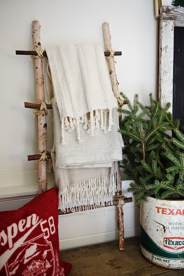 DIY Blanket ladder - See how to make this blanket ladder out of birch logs that you can find right at your craft store. So simple to make! 