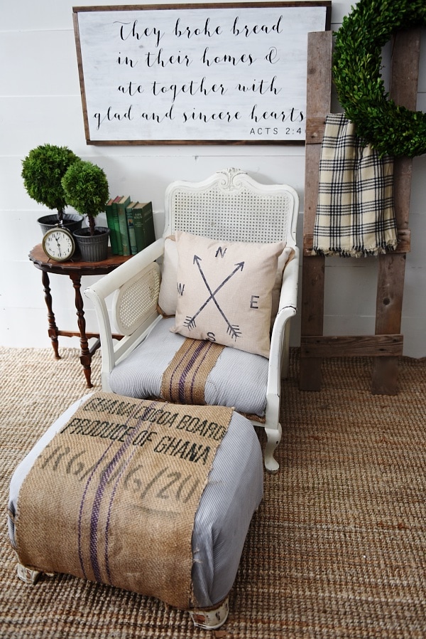 Super easy chair makeover -striped grain sack cozy chair makeover