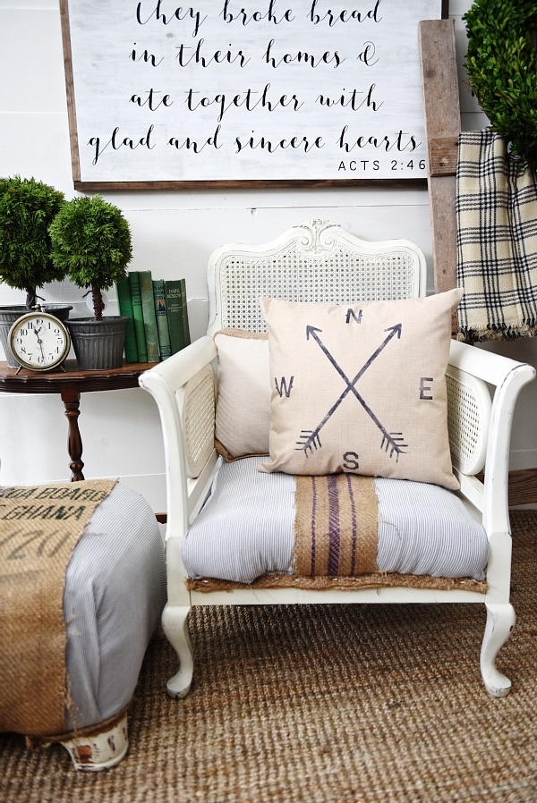 Super easy chair makeover -striped grain sack cozy chair makeover