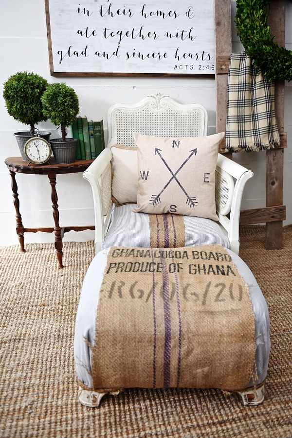 Super easy chair makeover -striped grain sack cozy chair makeover