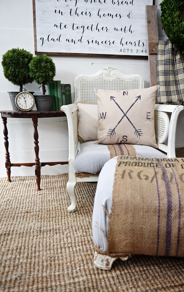 Super easy chair makeover -striped grain sack cozy chair makeover