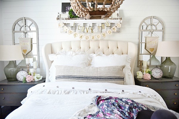 Cozy neutral cottage - valentines day bedroom decor- great neutral valentines day decor