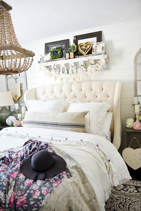 Cozy neutral cottage - valentines day bedroom decor- great neutral valentines day decor