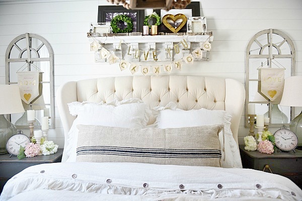 Cozy neutral cottage - valentines day bedroom decor- great neutral valentines day decor