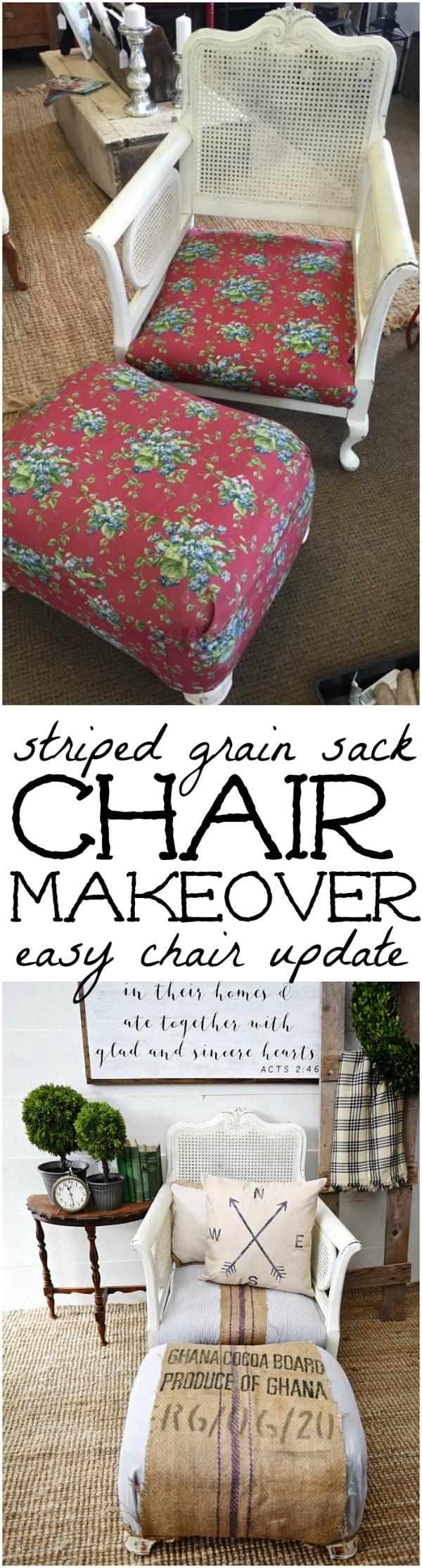 Super easy chair makeover -striped grain sack cozy chair makeover