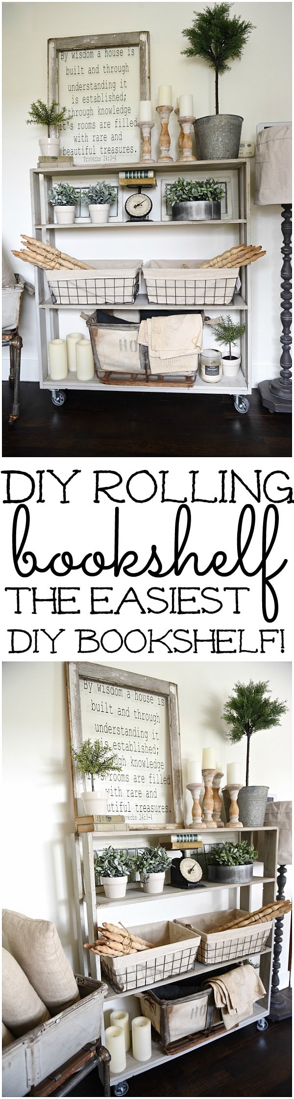 DIY rolling bookshelf - A vintage inspired DIY bookshelf that is so easy to build! With complete instructions on how to build your very own custom one. A great piece for living rooms, kitchens, dining rooms, media rooms, & so much more! 