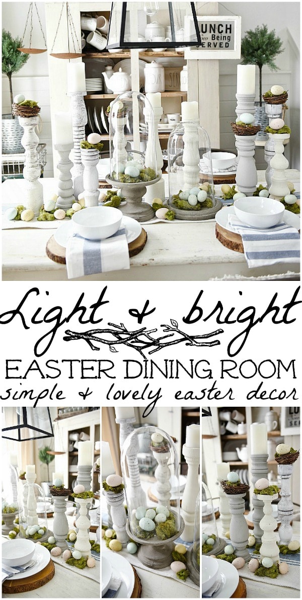 Simple Easter Dining room tablescape - rustic cottage easter decor with handmade candle holders, eggs, moss, & other touches. A must pin for Easter decor!