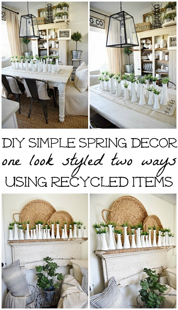 Simple spring decor - One look two different ways. See how to get this centerpiece look & the mantel look perfect for spring! 
