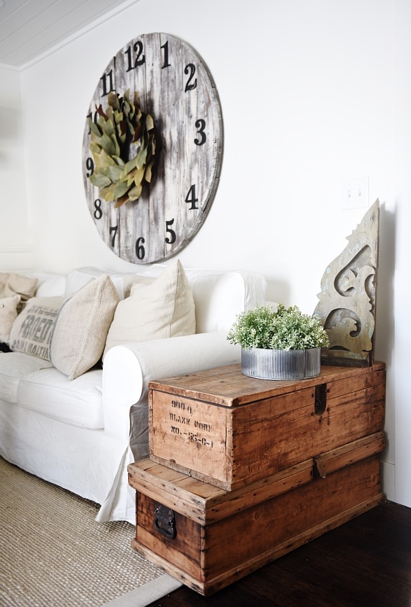 Cozy Neutral Farmhouse Style Living Room - With Ikea Ektorp Sectional. Cozy cottage style vibe makeover progress with source list of everything in the room - Great pin for neutral cozy home decor! 