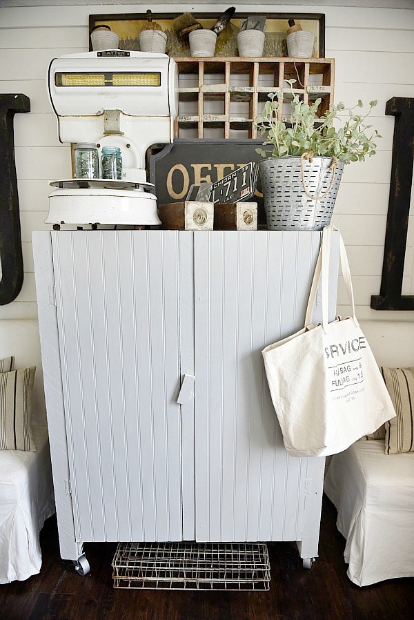 Office makeover - craft cabinet makeover. A great way to make any piece have a cottage feel. Add beadboard to the front of the cabinet & cover with chalkpaint for a farmhouse piece of furniture. Great craft closet idea! 