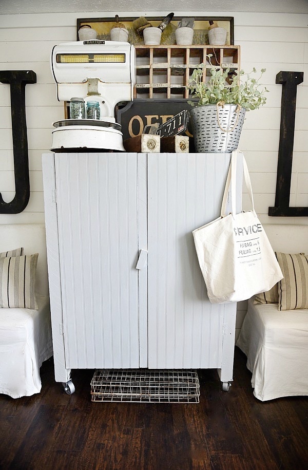 Office makeover - craft cabinet makeover. A great way to make any piece have a cottage feel. Add beadboard to the front of the cabinet & cover with chalkpaint for a farmhouse piece of furniture. Great craft closet idea! 