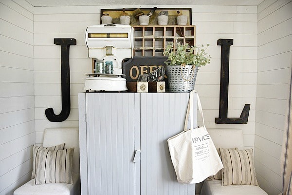 Office makeover - craft cabinet makeover. A great way to make any piece have a cottage feel. Add beadboard to the front of the cabinet & cover with chalkpaint for a farmhouse piece of furniture. Great craft closet idea! 