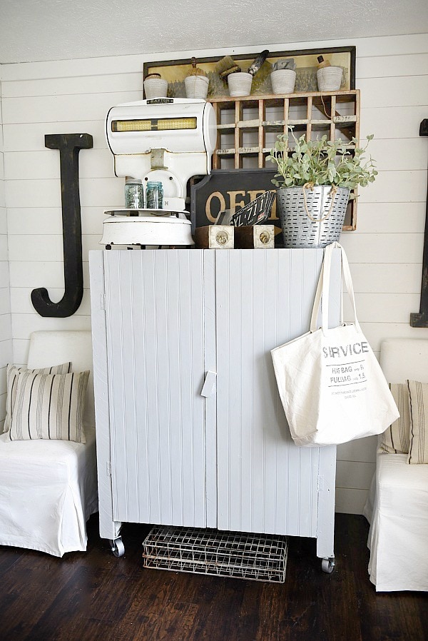 Office makeover - craft cabinet makeover. A great way to make any piece have a cottage feel. Add beadboard to the front of the cabinet & cover with chalkpaint for a farmhouse piece of furniture. Great craft closet idea! 