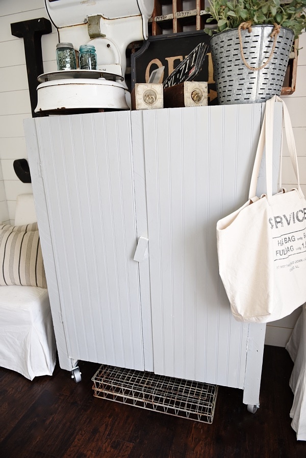 Office makeover - craft cabinet makeover. A great way to make any piece have a cottage feel. Add beadboard to the front of the cabinet & cover with chalkpaint for a farmhouse piece of furniture. Great craft closet idea! 