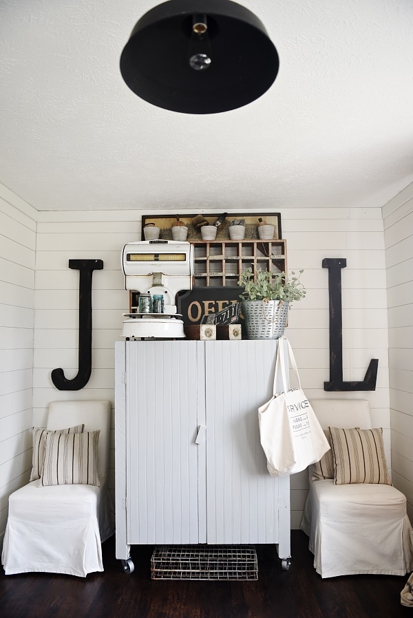 Office makeover - craft cabinet makeover. A great way to make any piece have a cottage feel. Add beadboard to the front of the cabinet & cover with chalkpaint for a farmhouse piece of furniture. Great craft closet idea! 