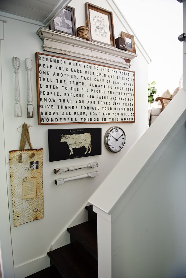 DIY stairway gallery wall - A great blog for DIY farmhouse decor & inspiration for a farmhouse style staircase gallery wall. A must pin for future gallery walls for any room of your home! 
