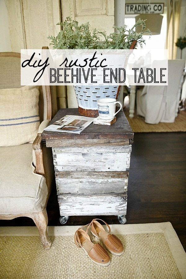 DIY rustic beehive end table - A must pin to make an easy rustic end table out of some antique finds. Great for farmhouse style living rooms! 