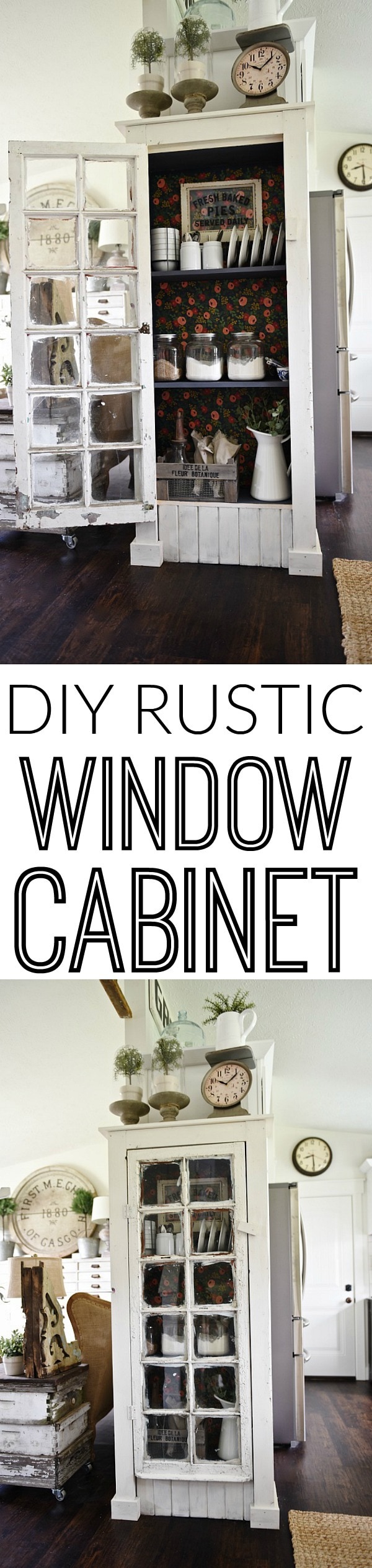 DIY Rustic window cabinet - so easy to build! This cabinet would be great in any room of the house for pretty storage. A great idea to add wrapping paper to the back of the cabinet for a pop of color. 