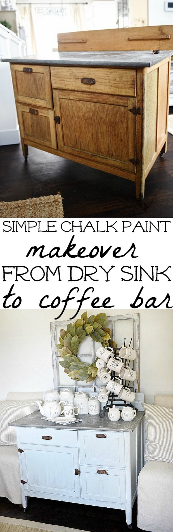 Dry sink makeover with chalk paint - A simple makeover dresser to coffee bar makeover. A must pin for furniture makeovers & any future DIY coffee bars.