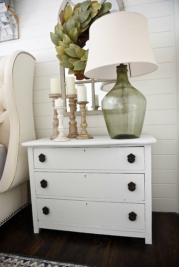 Neutral master bedroom - Nightstand makeover with magnolia home paint in one horn white. A must pin for farmhouse style & cottage style decor!