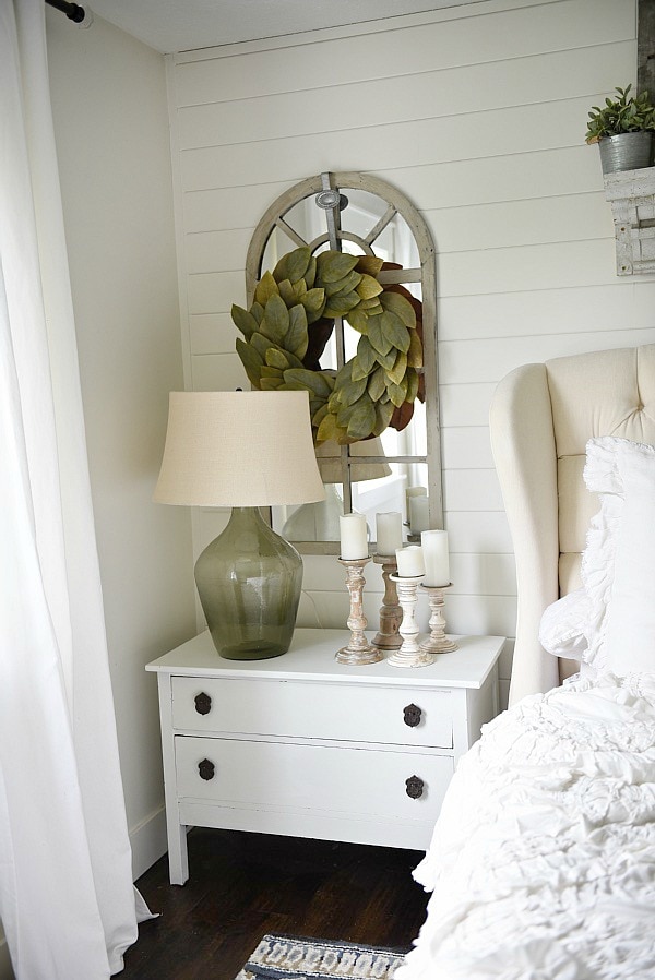 Neutral master bedroom - Nightstand makeover with magnolia home paint in one horn white. A must pin for farmhouse style & cottage style decor!