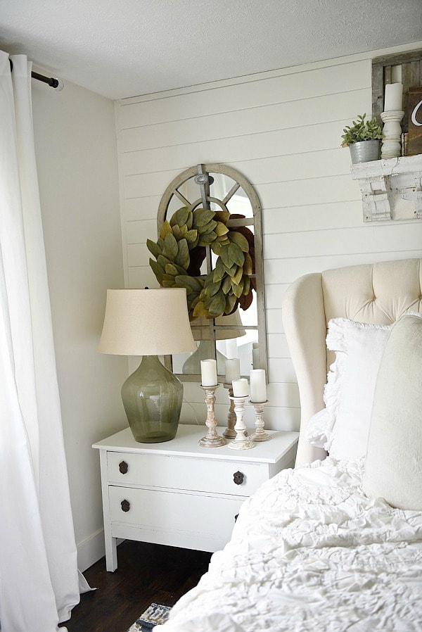 Neutral master bedroom - Nightstand makeover with magnolia home paint in one horn white. A must pin for farmhouse style & cottage style decor!