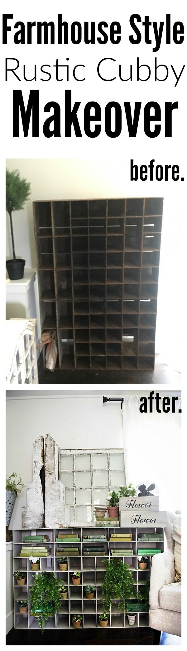 DIY Cubbies makeover - Great for any room of the house & could have so many different uses. This one is styled with vintage finds & greenery for spring/summer. Also a great paint tip to paint items like this!  A great pin for farmhouse style ideas! 