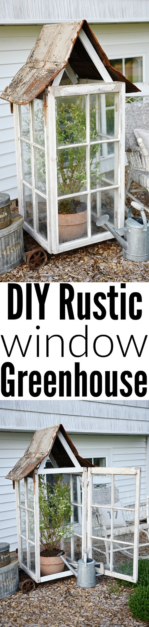 DIY window greenhouse - See how to make this amazing rustic greenhouse. A super easy DIY project that adds rustic charm indoors or outdoors. A great pin for DIY farmhouse decor! 