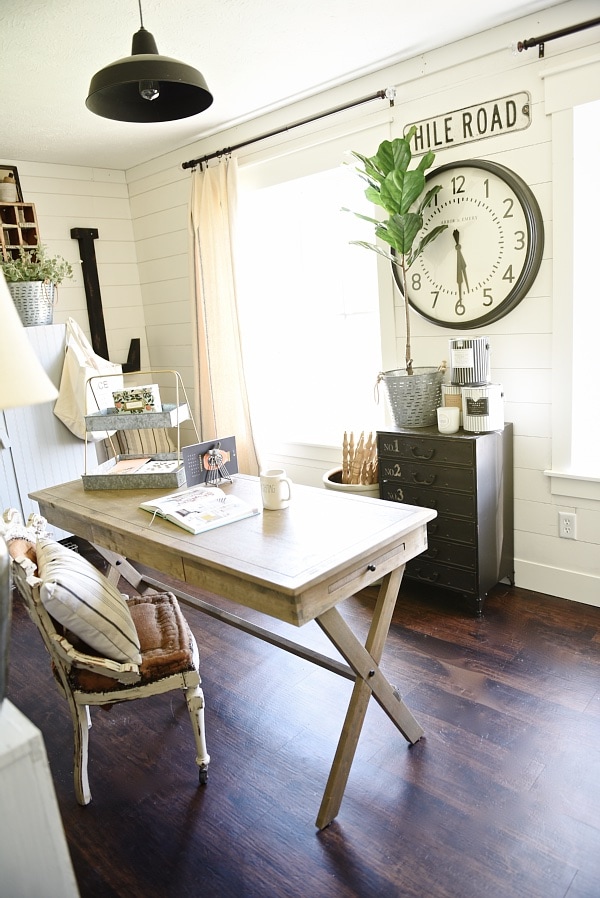 Farmhouse style office makeover - From drab to fabulous farmhouse office. Get decor sources & how this office went from an 80's tri-level to the character of a farmhouse.