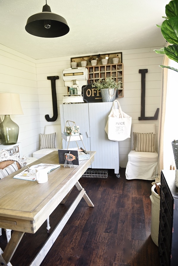 Farmhouse style office makeover - From drab to fabulous farmhouse office. Get decor sources & how this office went from an 80's tri-level to the character of a farmhouse.