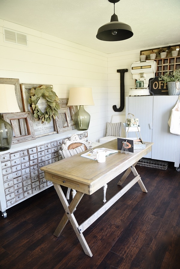 Farmhouse style office makeover - From drab to fabulous farmhouse office. Get decor sources & how this office went from an 80's tri-level to the character of a farmhouse.
