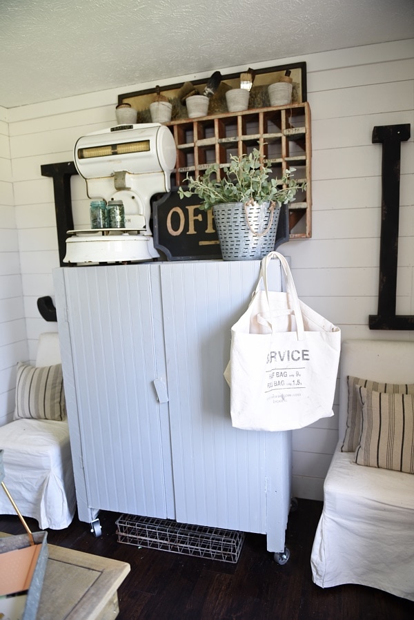 Farmhouse style office makeover - From drab to fabulous farmhouse office. Get decor sources & how this office went from an 80's tri-level to the character of a farmhouse.