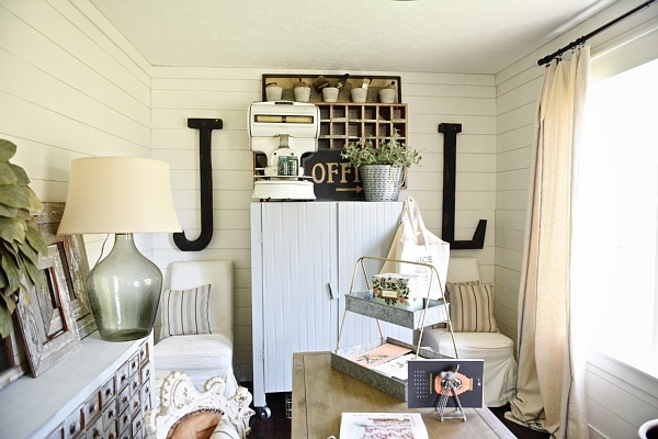 Farmhouse style office makeover - From drab to fabulous farmhouse office. Get decor sources & how this office went from an 80's tri-level to the character of a farmhouse.