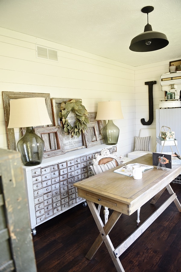 Farmhouse style office makeover - From drab to fabulous farmhouse office. Get decor sources & how this office went from an 80's tri-level to the character of a farmhouse.