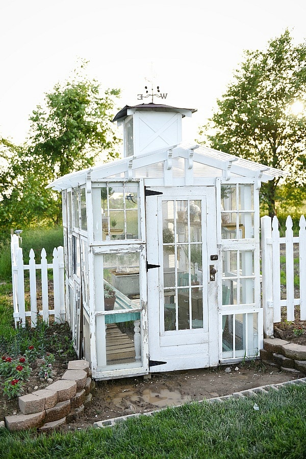DIY rustic window greenhouse - Take the full tour of this hand built greenhouse made out of antique windows inside & out! 