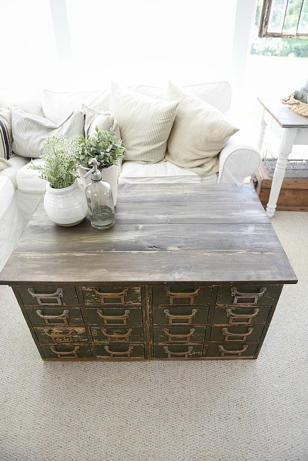 Rustic Green card catalog coffee table - A great source for farmhouse decor!