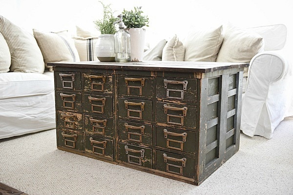 Rustic Green card catalog coffee table - A great source for farmhouse decor!