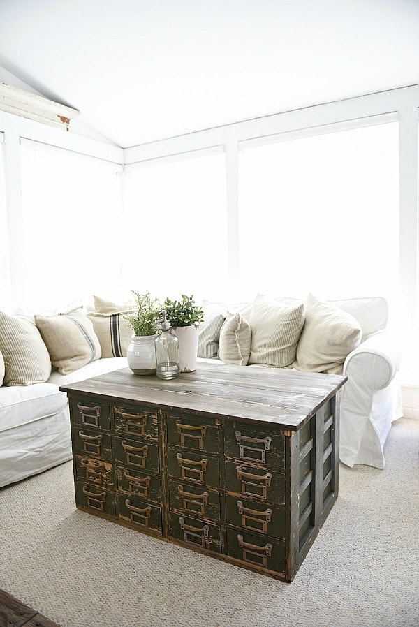 Rustic Green card catalog coffee table - A great source for farmhouse decor!
