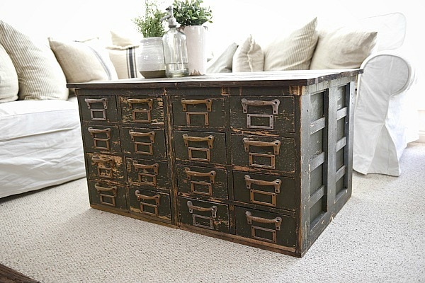Rustic Green card catalog coffee table - A great source for farmhouse decor!