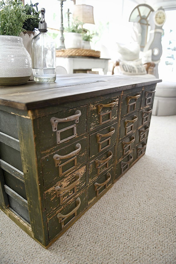 Rustic Green card catalog coffee table - A great source for farmhouse decor!