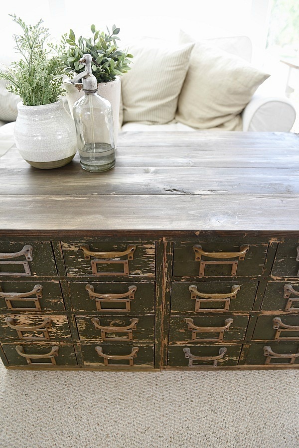 Rustic Green card catalog coffee table - A great source for farmhouse decor!
