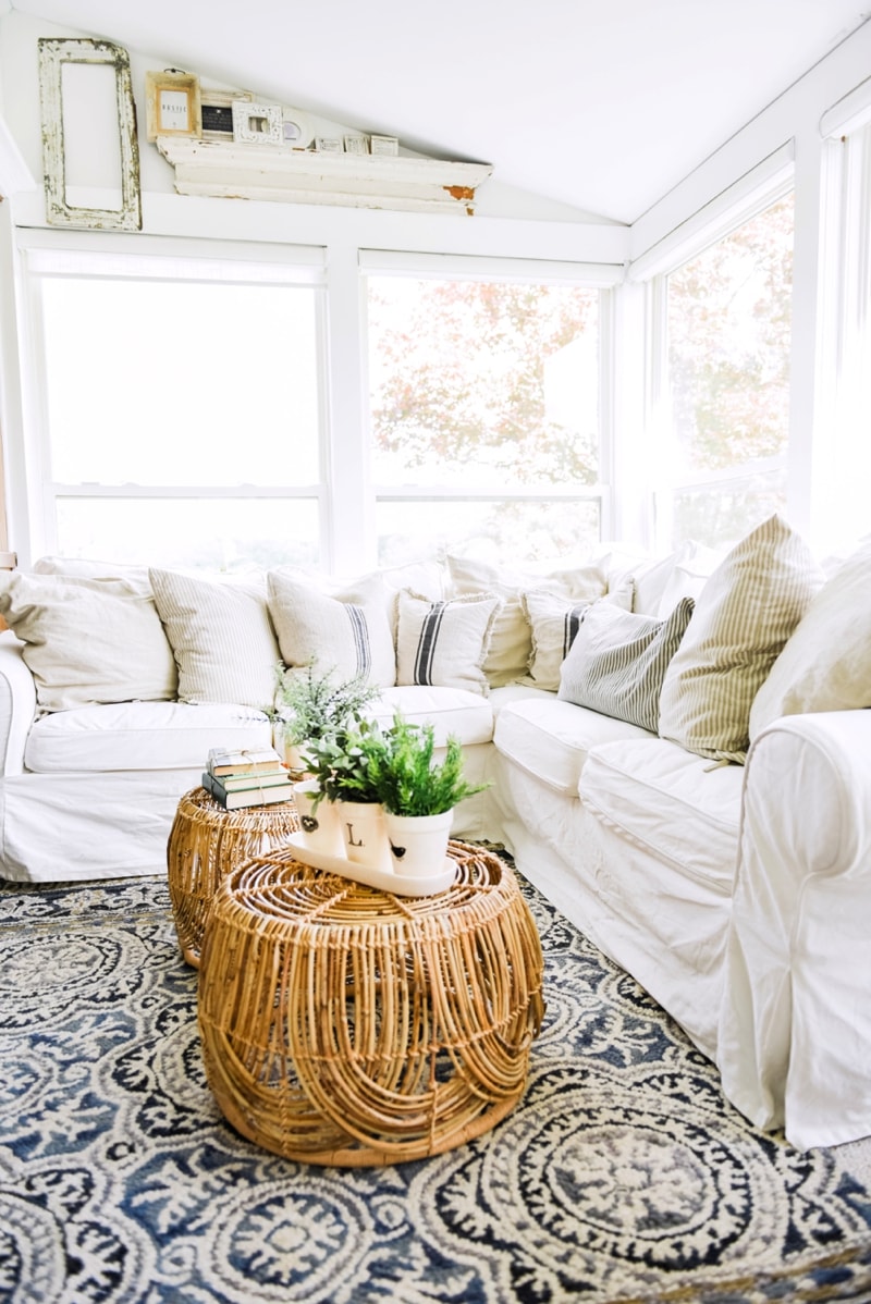 Wicker Coffee Table Sunroom Living Room Design by Liz Marie Blog_0012