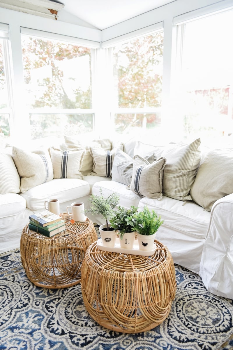 Wicker Coffee Table Sunroom Living Room Design by Liz Marie Blog_0017