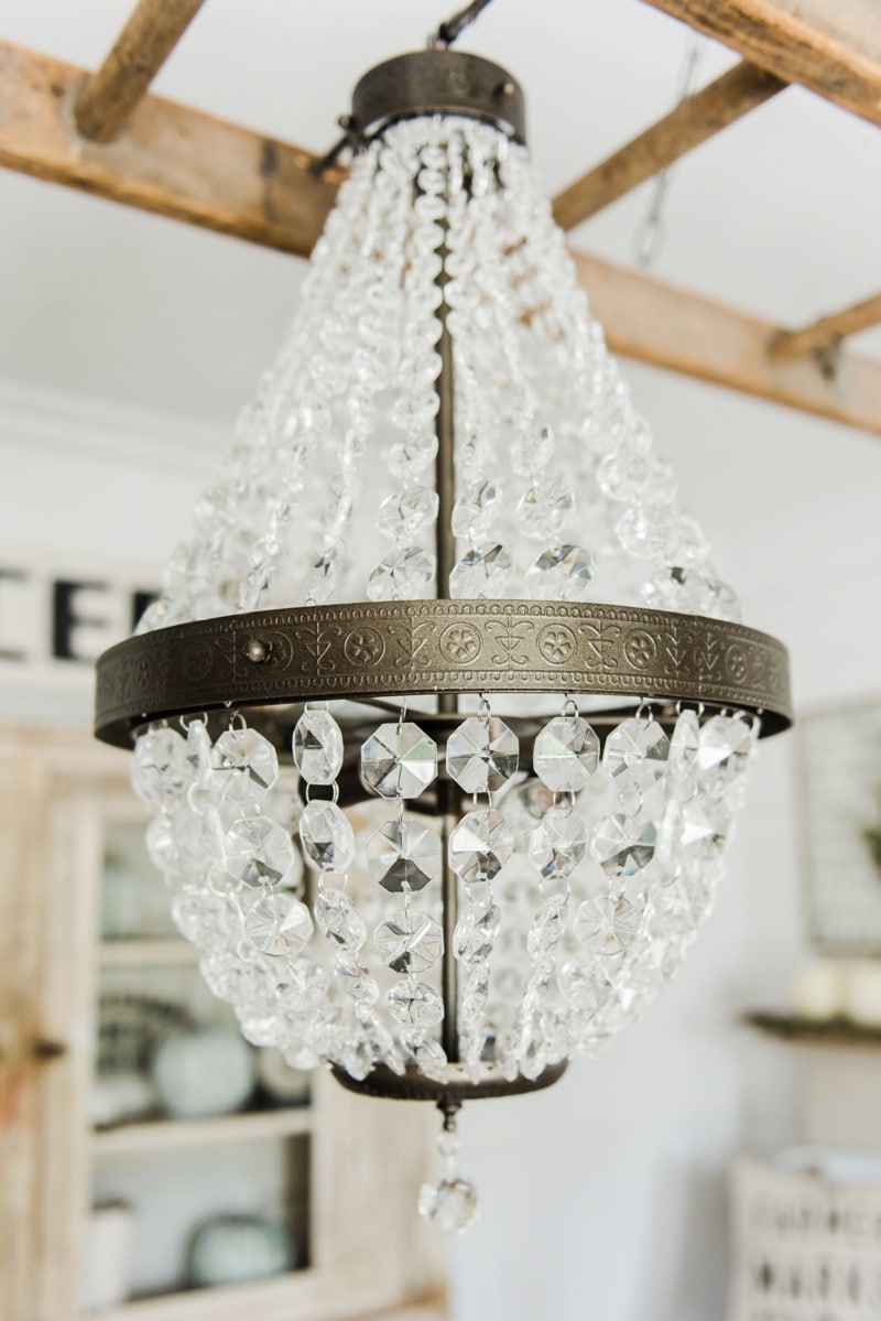 Farmhouse dining room makeover - Crystal chandelier update. 