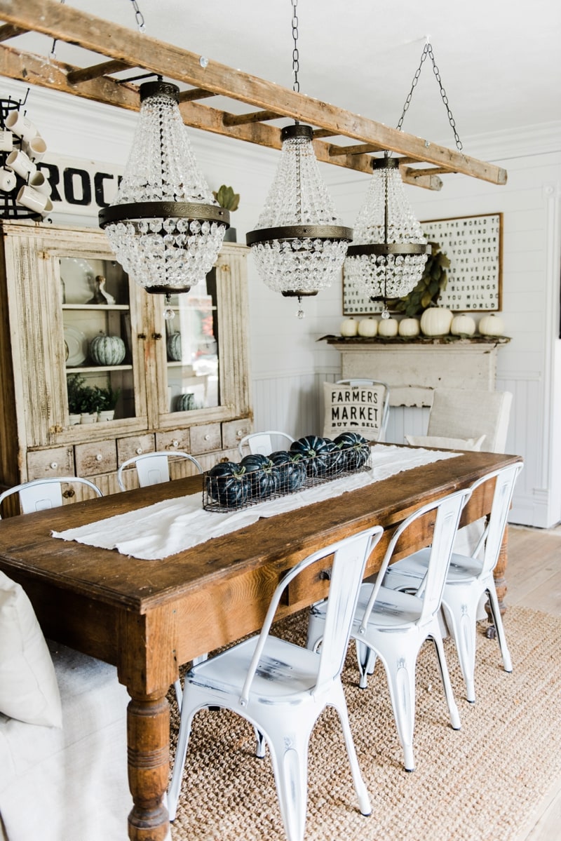 Farmhouse dining room makeover - Crystal chandelier update. 