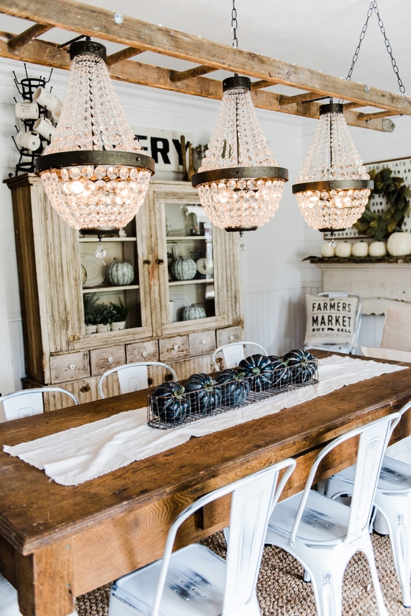 Farmhouse dining room makeover - Crystal chandelier update.